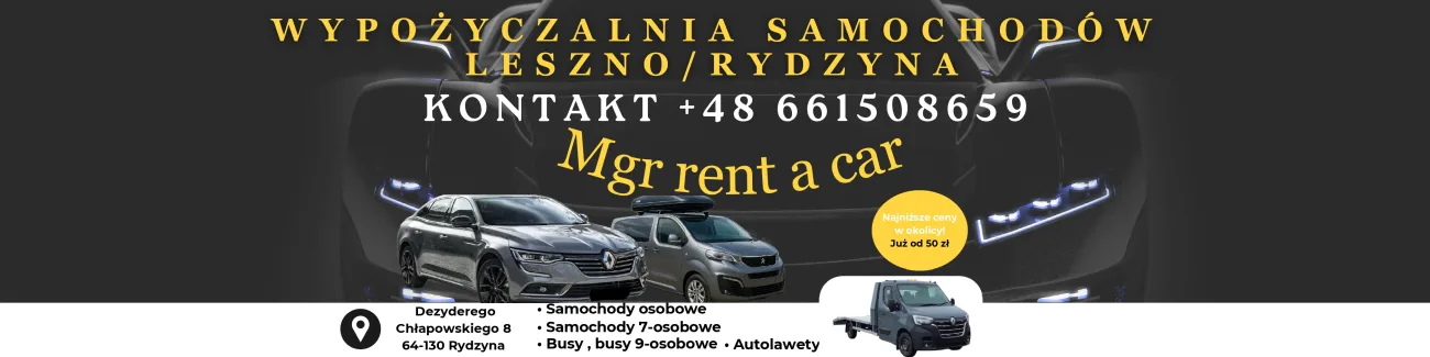 Szukasz auta na wyjazd, przeprowadzkę, transport lub do pracy? Mgr rent a car oferuje wynajem samochodów w atrakcyjnych cenach – już od 50 zł! 🔹 Samochody osobowe 🔹 Samochody 7-osobowe 🔹 Busy 9-osobowe 🔹 Busy dostawcze do 3,5 t 🔹 Autolawety ✔️ Szybka rezerwacja ✔️ Atrakcyjne ceny w okolicy ✔️ Sprawdzone i zadbane pojazdy 📍 Dezyderego Chłapowskiego 8, 64-130 Rydzyna 📞 Kontakt: +48 661 508 659 Nie przepłacaj – wynajmij auto wtedy, kiedy naprawdę go potrzebujesz!