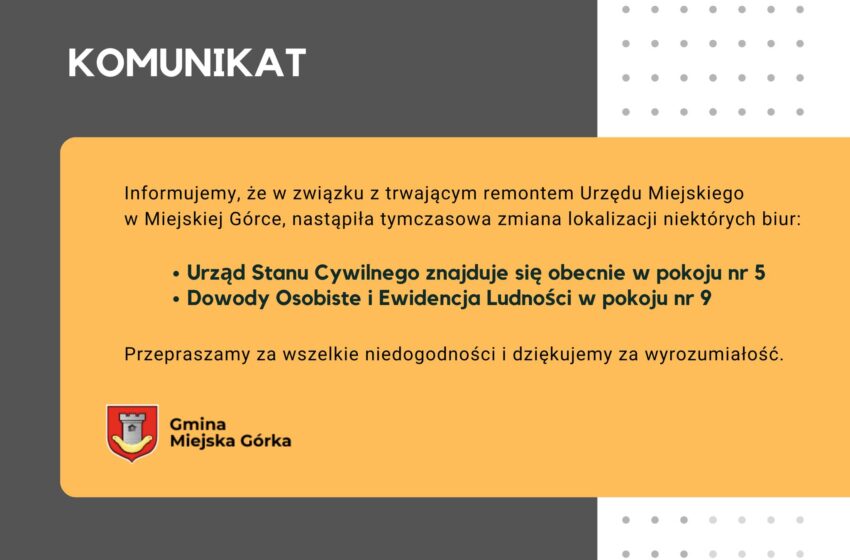 Tymczasowa zmiana lokalizacji biur Urzędu Miejskiego w Miejskiej Górce